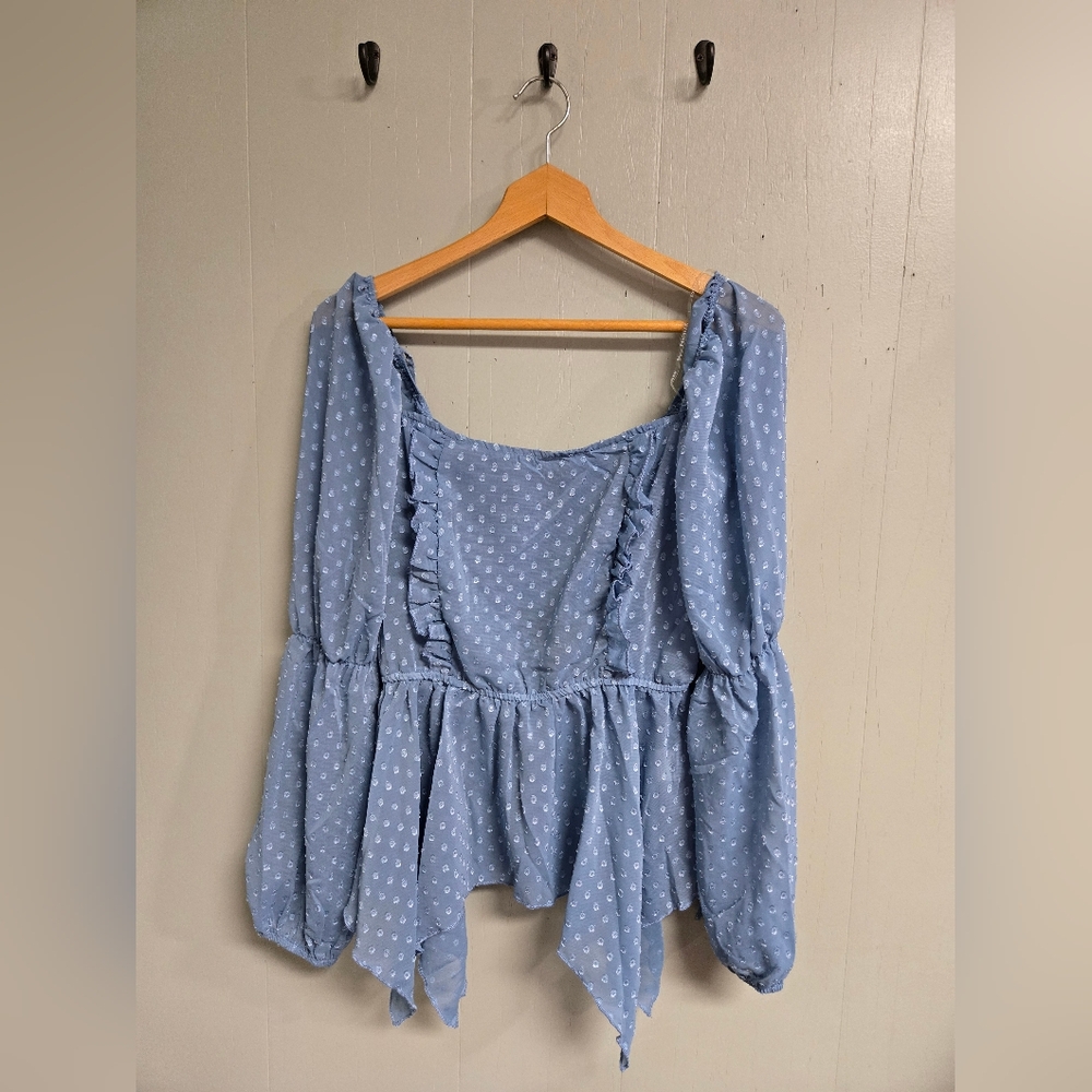 Parisian Works Blue Ruffled Peplum Blouse Size 8 USA & 12 UK.